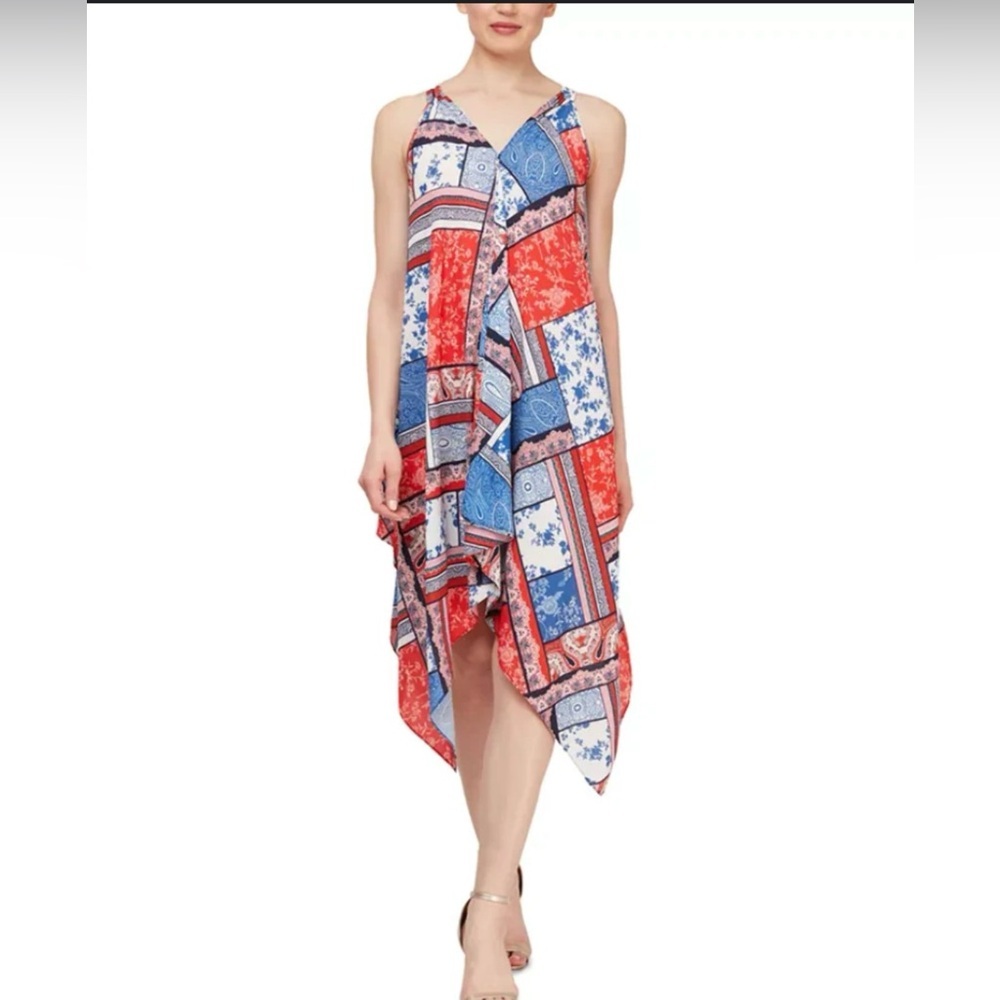 SLNY Resort Asymmetrical Red and Blue Halter Dress